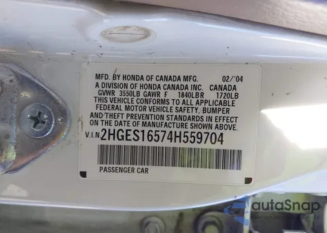 2004 Honda Civic Lx z USA, uszkodzony, nr VIN 2HGES16574H559704